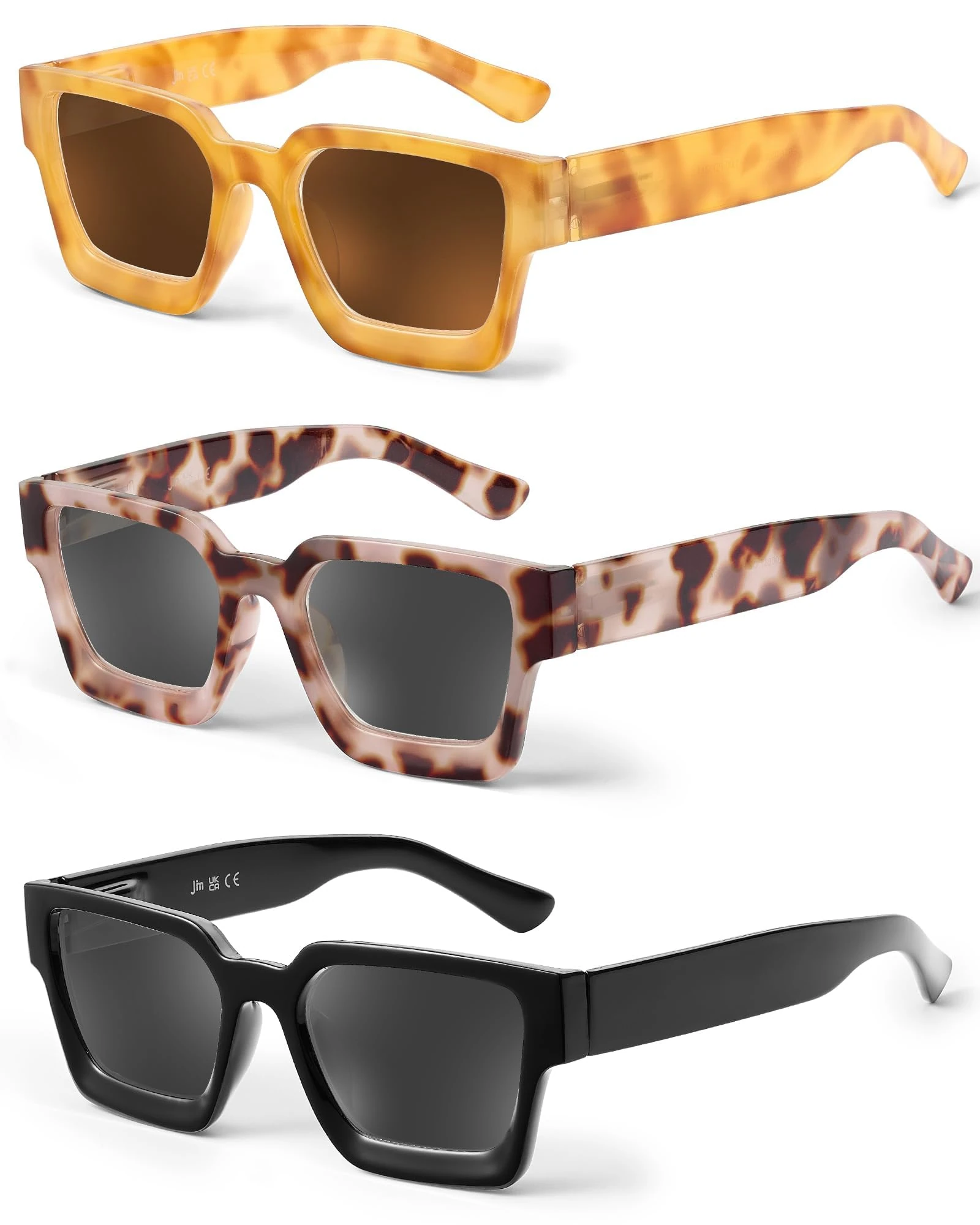 JM 3 Pack Square Reading sunglasses, Fashion Sun Readers for Women Men Full Lens Spring Hinges +2.0