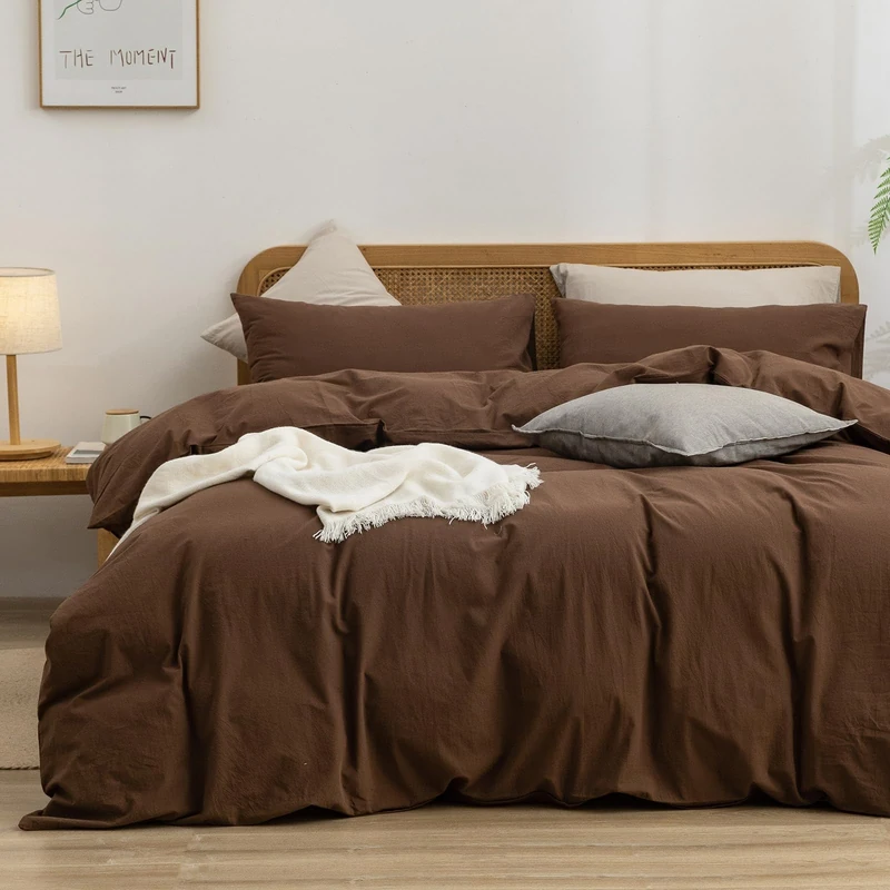 BESTOUCH Cotton Solid Duvet Cover Set Linen Feel Cocoa Brown Oversized Full