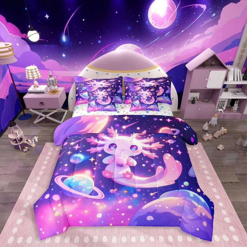 Feelyou Kids Cute Axolotl Comforter Set with Sheets Twin Size, Galaxy Planet Space 7 Pieces Bedding Set Boys Girls Cartoon Animal Bed in A Bag Dreamy Starry Teens Bed Set Bedroom Decor 7Pcs