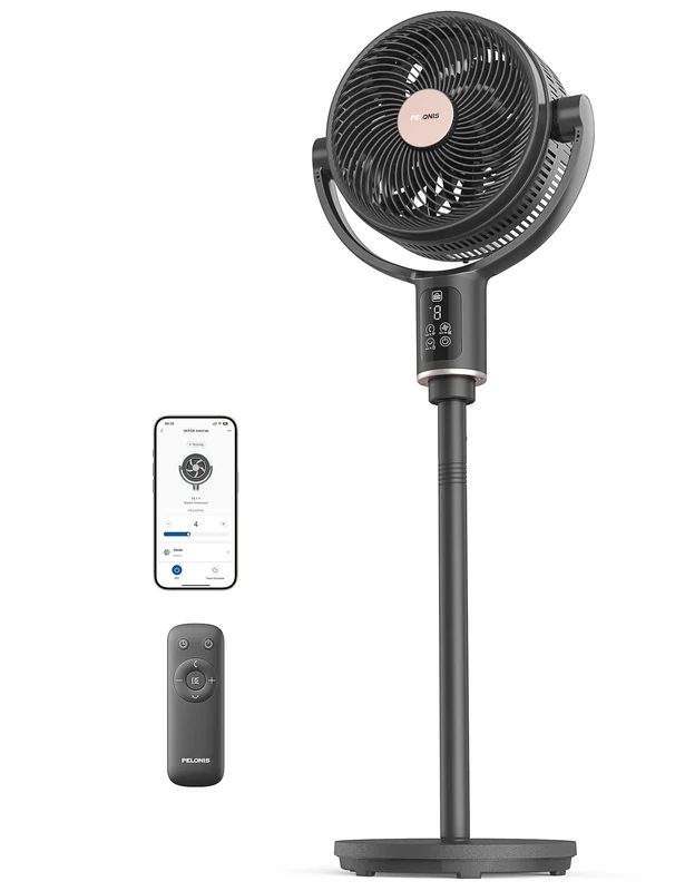Pelonis 10" Smart WiFi Standing Fan with Remote | Ultra-Quiet 24dB DC Motor, 3D Oscillation & Alexa/iOS Control | Turbo Airflow 7+9 Blades for Bedroom/Office (32W Energy Saving)