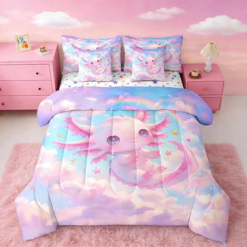 Feelyou Kids Cute Axolotl 7 Pieces Bedding Set Twin Size, Galaxy Cloud Bed in A Bag Boys Girls Cartoon Animal Comforter Set with Sheets Dreamy Rainbow Teens Bed Set Bedroom Decor 7Pcs