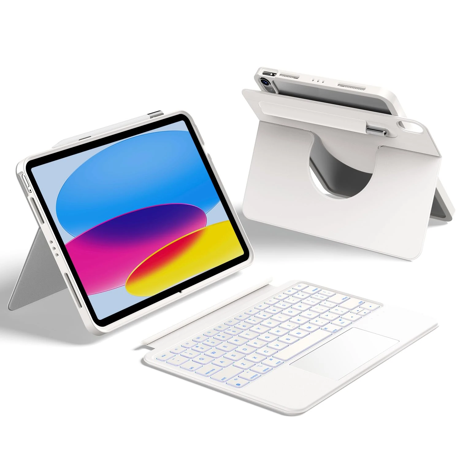 HOU Keyboard Case for iPad A16 11/10, Rotatable & Detachable, Adjustable Stand, Elastic Pen Holder, Full Protection Cover, 7-Colors Backlight, Multi-Touch Trackpad, White
