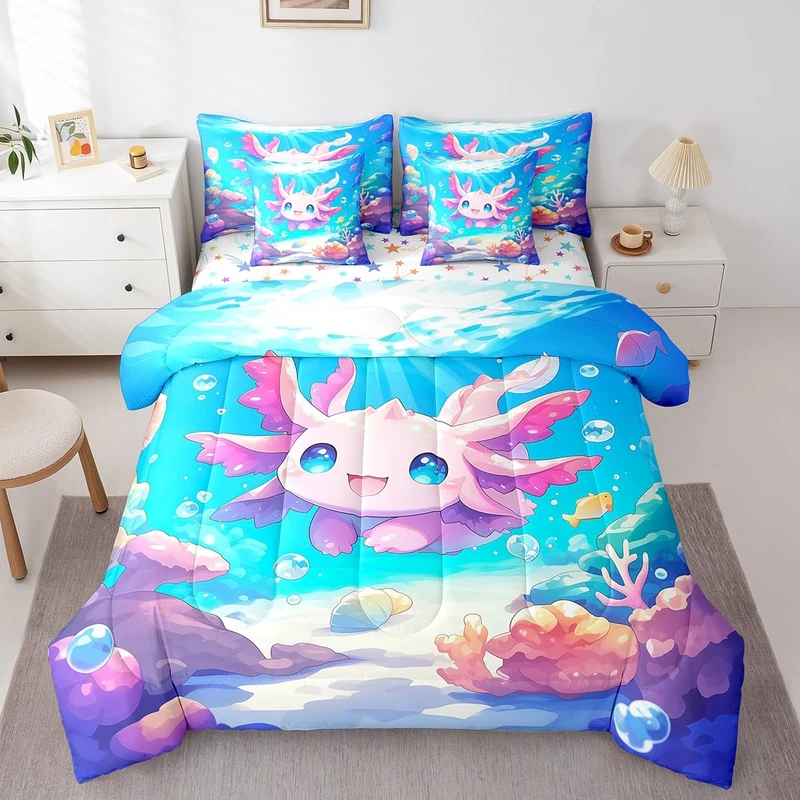Feelyou Kids Cute Axolotl Bed in A Bag Twin Size, Ocean Sealife 7 Pieces Bedding Set Boys Girls Kawaii Animal Comforter Set with Sheets Cartoon Salamander Teens Bed Set Bedroom Decor 7Pcs