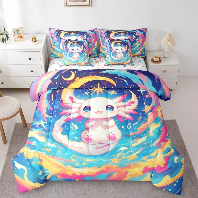 Feelyou Kids Cute Axolotl 7 Pieces Bedding Set Twin Size, Galaxy Planet Space Bed in A Bag Boys Girls Kawaii Animal Comforter Set with Sheets Cartoon Salamander Teens Bed Set Bedroom Decor 7Pcs