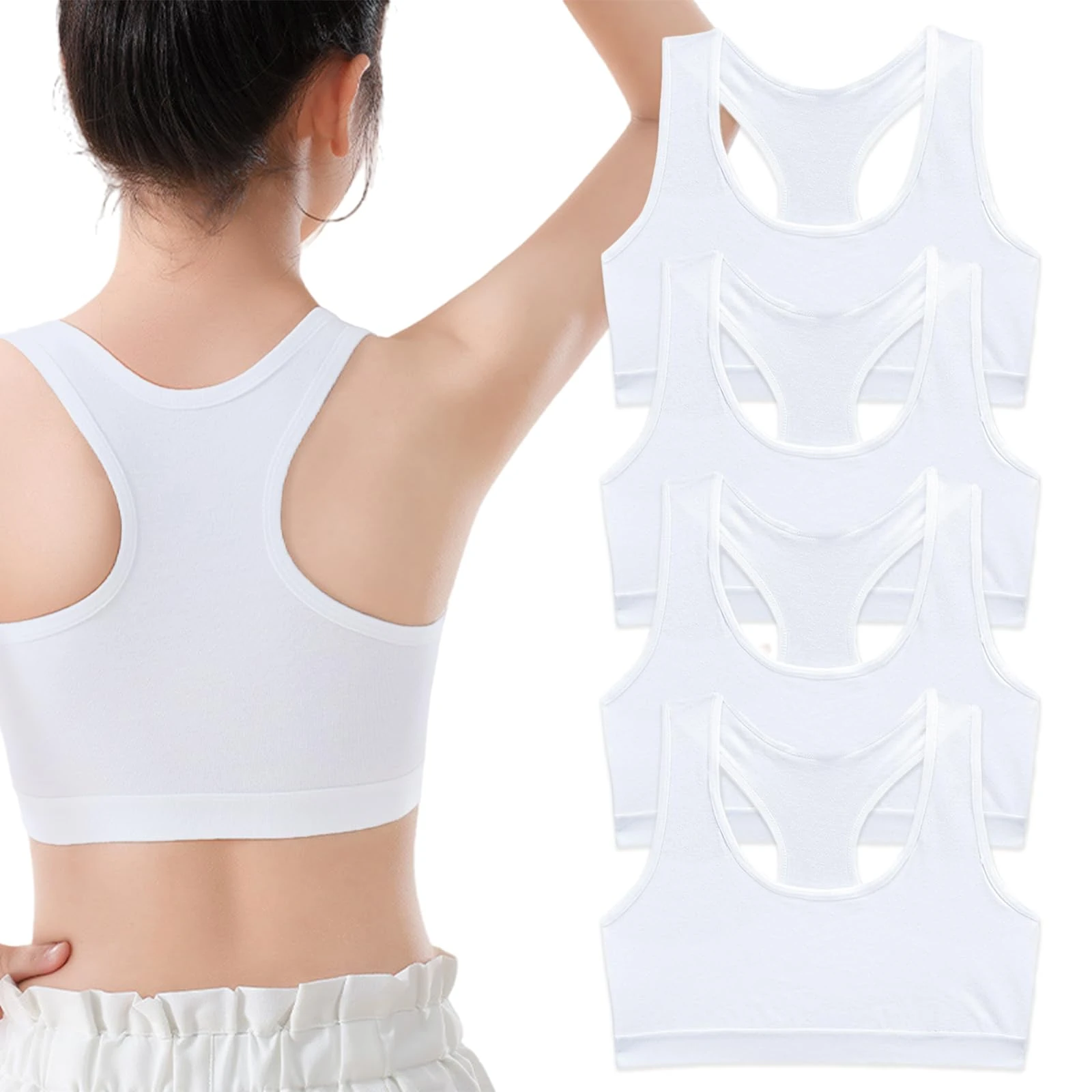 ExcellaElite 4 Pack White Sports Bra, Crop Tops for Girls, Soft Comfortable Cotton Girls Sports Bra, Kids Underwear, Non Padded Training Bra for Ages 8-14 Years