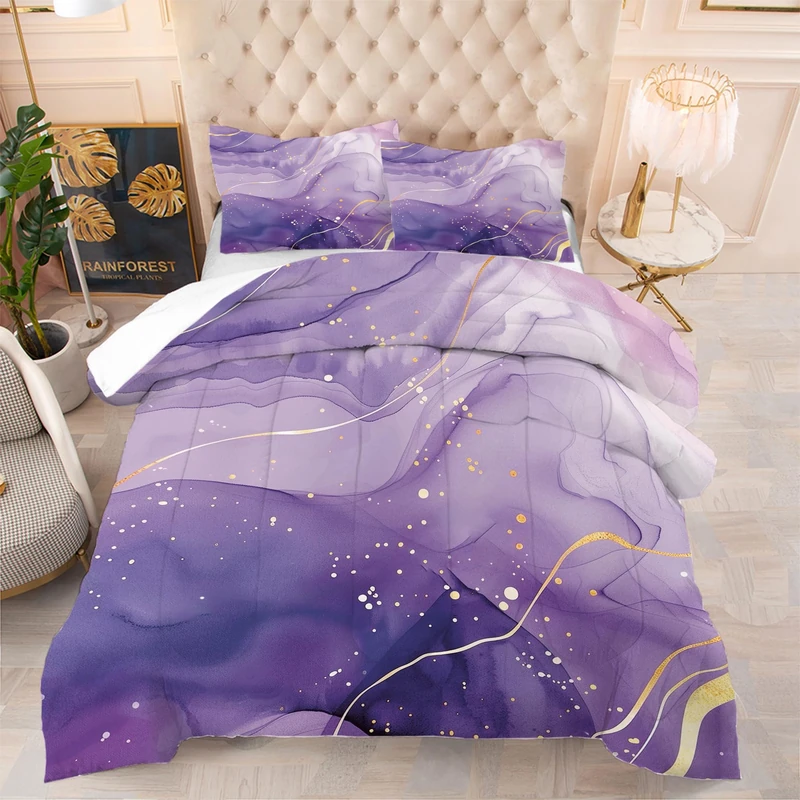 EDGZKO Purple Comforter Set Twin: Light Purple Marble Bedding Sets for Girls Teens Kids Aesthetic Gold Glitter Abstract Marbling Quilts Mauve Pastel Bed Set 2 Piece