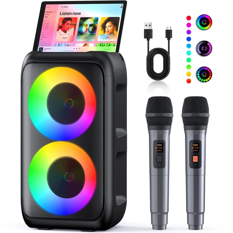 Karaoke Machine 2 Microphones (Newest gen) | Bluetooth Speaker with Microphone | Supports TV/Smartphone/iPad/TWS/AUX/USB/FM | For Party, Home, Outdoors, Travel, Signal Processors