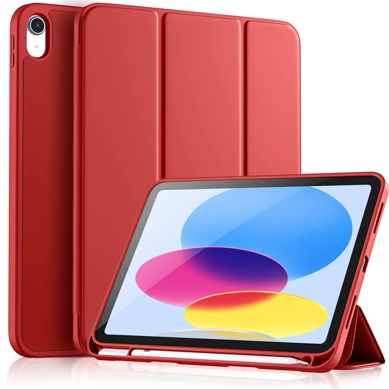 Vobafe Case for iPad (A16) 11th 10th Generation Case (Model: 2025/2022, 11/10.9 Inch), Flexible TPU Back & Trifold Stand, Protective Cover with Pencil Holder, Auto Wake/Sleep, Dark Red