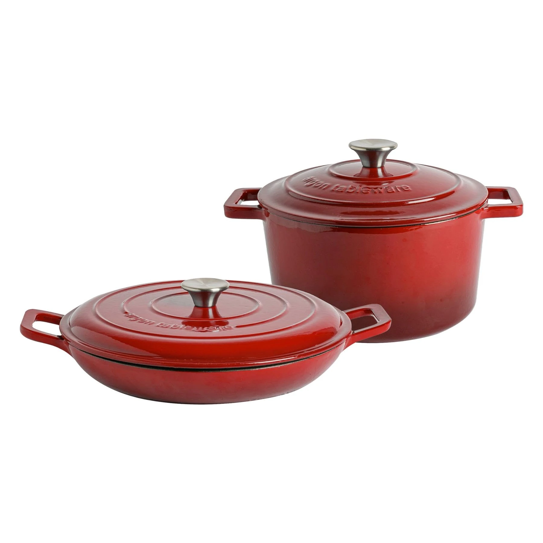 Argon Tableware 2.3L & 4.68L Shallow Cast Iron Casserole Dish Set with Self-Basting Lids - Red Ombre - Induction Hob Cooking Dutch Oven Bread Baking Serving Roasting Stew Stock Pot Cookware Pan