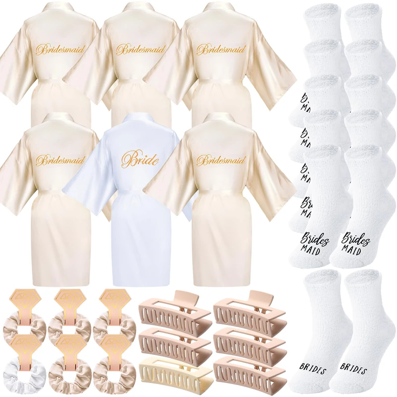 Bonuci 24 Pcs Bride Bridesmaid Robes Set of 6 Bridal Silk Satin Robes for Wedding Bachelorette Party Bridal Shower Gifts, White and Champagne, One Size