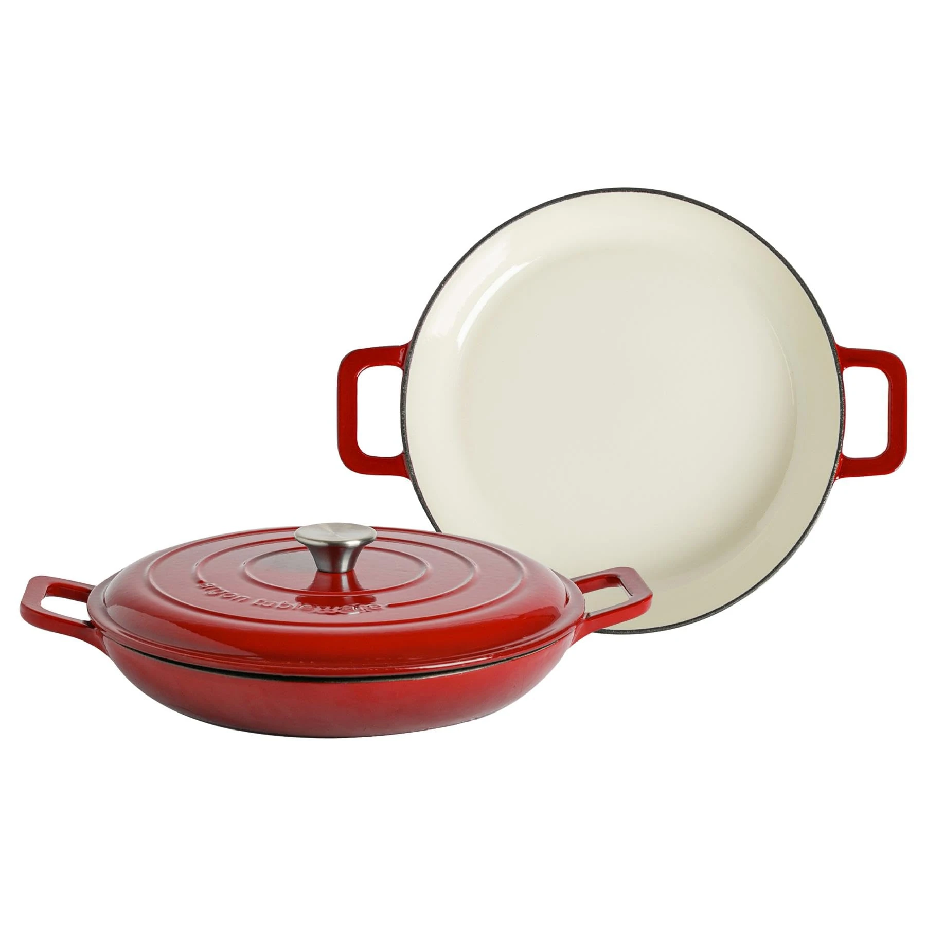 Argon Tableware 2.3L Shallow Cast Iron Casserole Dishes with Self-Basting Lids - Red Ombre - 2 Pack Induction Hob Cooking 2.43QT Dutch Oven Bread Baking Serving Roasting Stew Stock Pot Cookware Pan