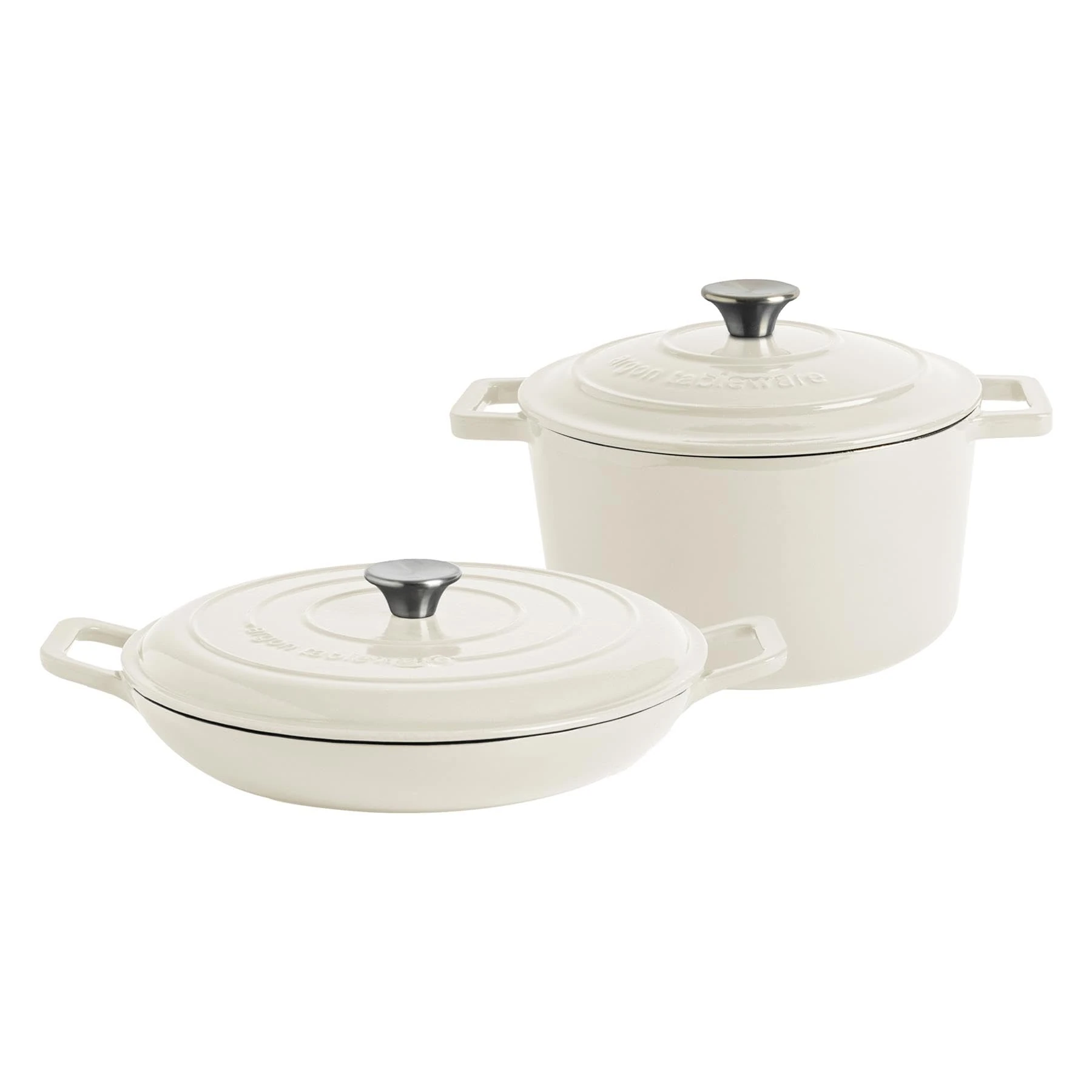 Argon Tableware 2.3L & 4.68L Shallow Cast Iron Casserole Dish Set with Self-Basting Lids - Pebble Gloss - Induction Hob Cooking Dutch Oven Bread Baking Serving Roasting Stew Stock Pot Cookware Pan