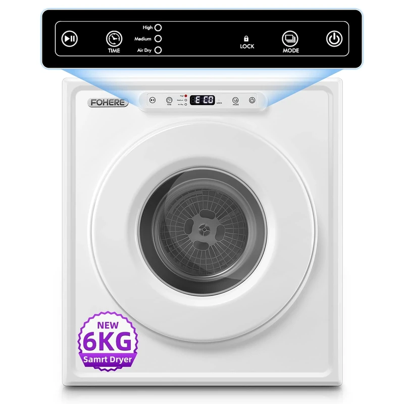 6KG Vented Tumble Dryer, FOHERE 1500W Compact Samrt Dryer, 6 Drying Mode, Double Temperature Control Protection, with Child Lock and Timer, for Apartment, Home, Dorm, RVs, White