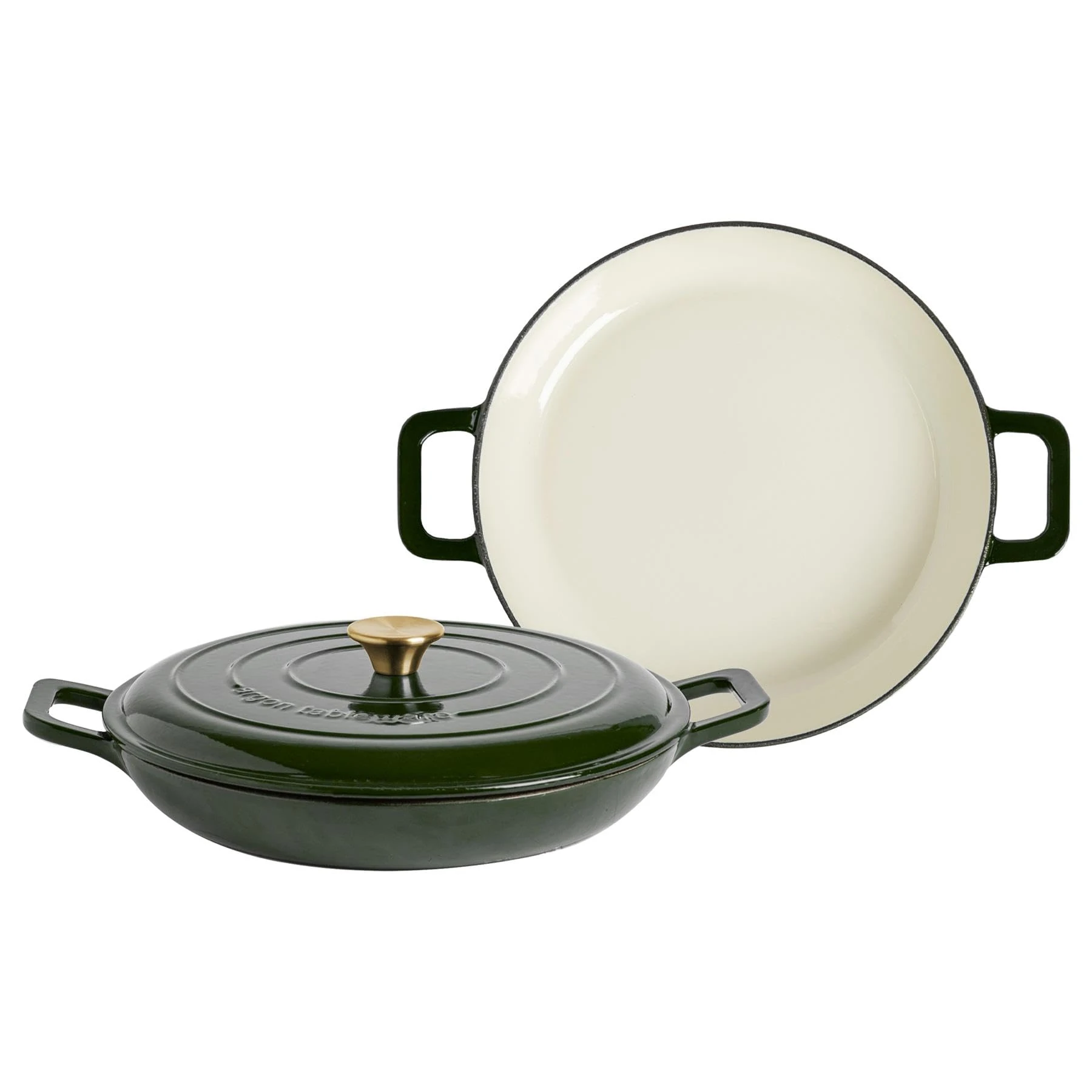 Argon Tableware 2.3L Shallow Cast Iron Casserole Dishes with Self-Basting Lids - Green - 2 Pack Induction Hob Cooking 2.43QT Dutch Oven Bread Baking Serving Roasting Stew Stock Pot Cookware Pan