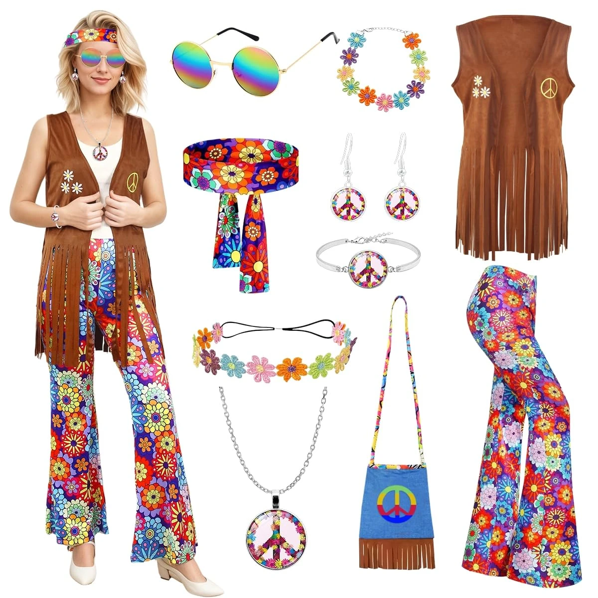 COYBTO 70s Fancy Dress Women, Hippie Costume with Fringe Vest Flared Pants Necklace Set, 60s 70s Disco Fancy Dress, 1970s Retro Hippie Outfit Hippy Clothes for Carnival Cosplay Party (2, XL)
