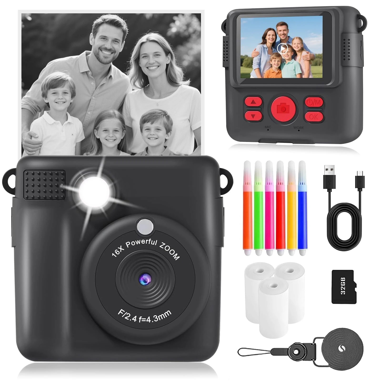 Kids Camera Instant Print, 1080P Instant Camera for Kids, Girls Boys Toys Age 3-12 Boys,Christmas Birthday Gifts for 3 4 5 6 7 8 9 10 Year Old Boys Girls