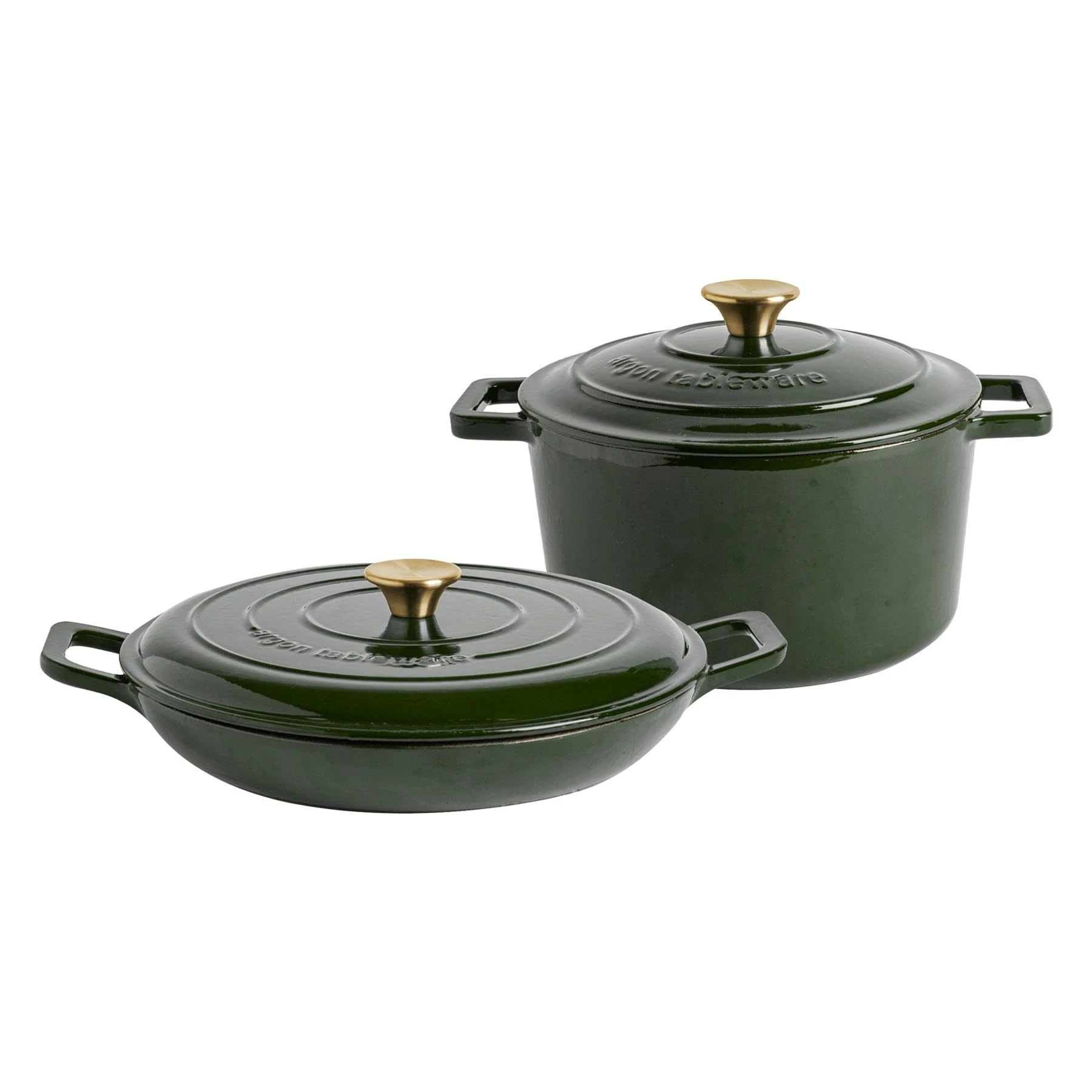 Argon Tableware 2.3L & 4.68L Shallow Cast Iron Casserole Dish Set with Self-Basting Lids - Green - Induction Hob Cooking Dutch Oven Bread Baking Serving Roasting Stew Stock Pot Cookware Pan