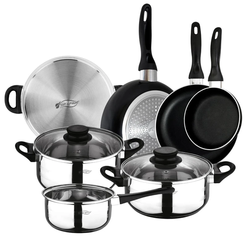 San Ignacio - 3-Piece cookware Set (1.6L, 2.3L, 3.3L) in Stainless Steel and Set of 3 Pans (16-20-24 cm) in Pressed Aluminium, Non-Stick Suitable for Induction