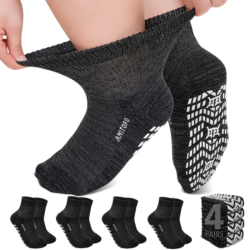 ZFSOCK Diabetic Socks Non-Slip for Women: Bamboo Ankle Socks Moisture Wicking with Extra Wide Top for Swollen Feet Seamless Non-Binding Cuff Hospital Sock for Foot Care, 12-14 Black 4 Pairs