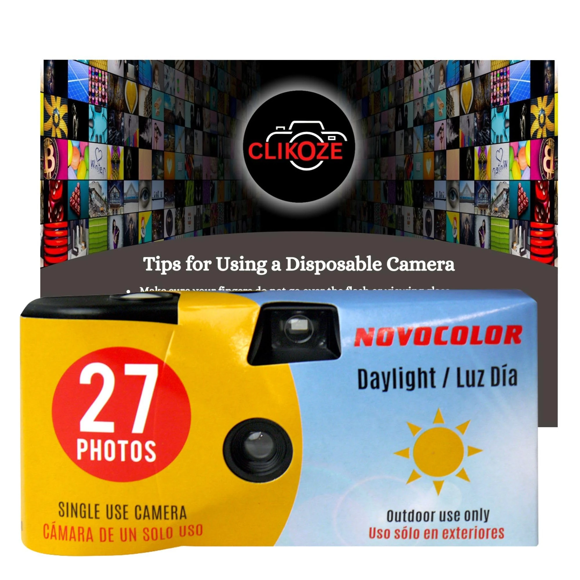 Disposable Camera Bundle with Novocolor Daylight Single Use Camera 27 Exposures and Clikoze Photography Tips Card (1 Unit)