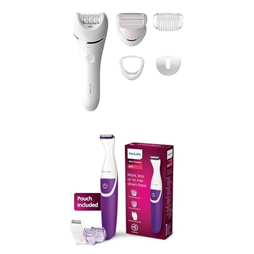 Bundle of Philips Series 8000 Epilator, Wet and Dry Cordless Hair Removal for Legs and Body with 5 Accessories, Including Shaver Head - BRE710/01 + Philips BRT383/15 BikiniGenie Trimmer, Purple