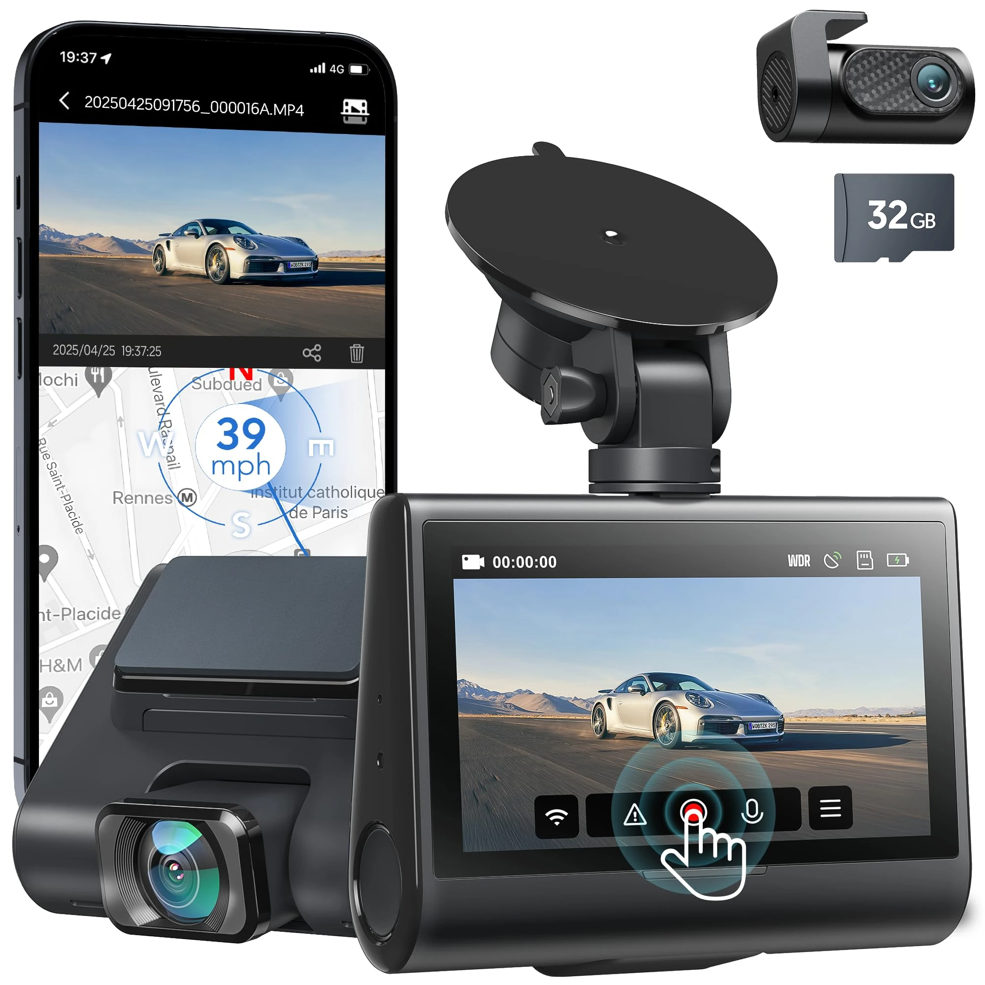 iZeeker 4K Dash Cam Front and Rear, WiFi Car Camera with 32GB SD Card, 3” IPS Display, GPS, 24H Parking Mode, Night Vision, WDR, 170°Wide Angle, G-Sensor, App Control, Loop Recording