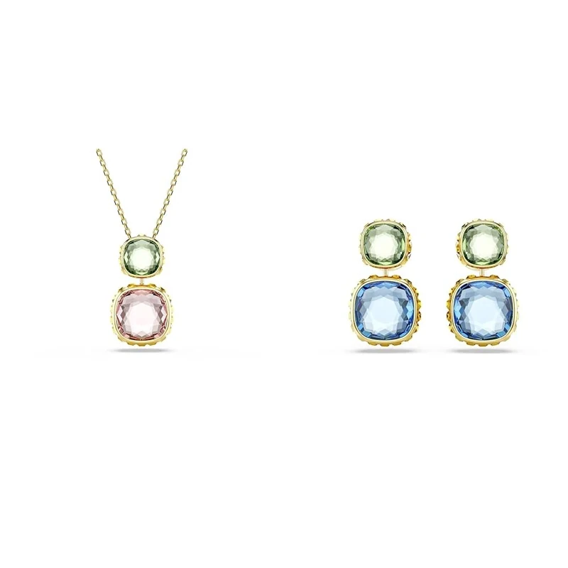 Swarovski Chroma pendant & earrings, Cushion cut, Multicolored, Gold-tone plated