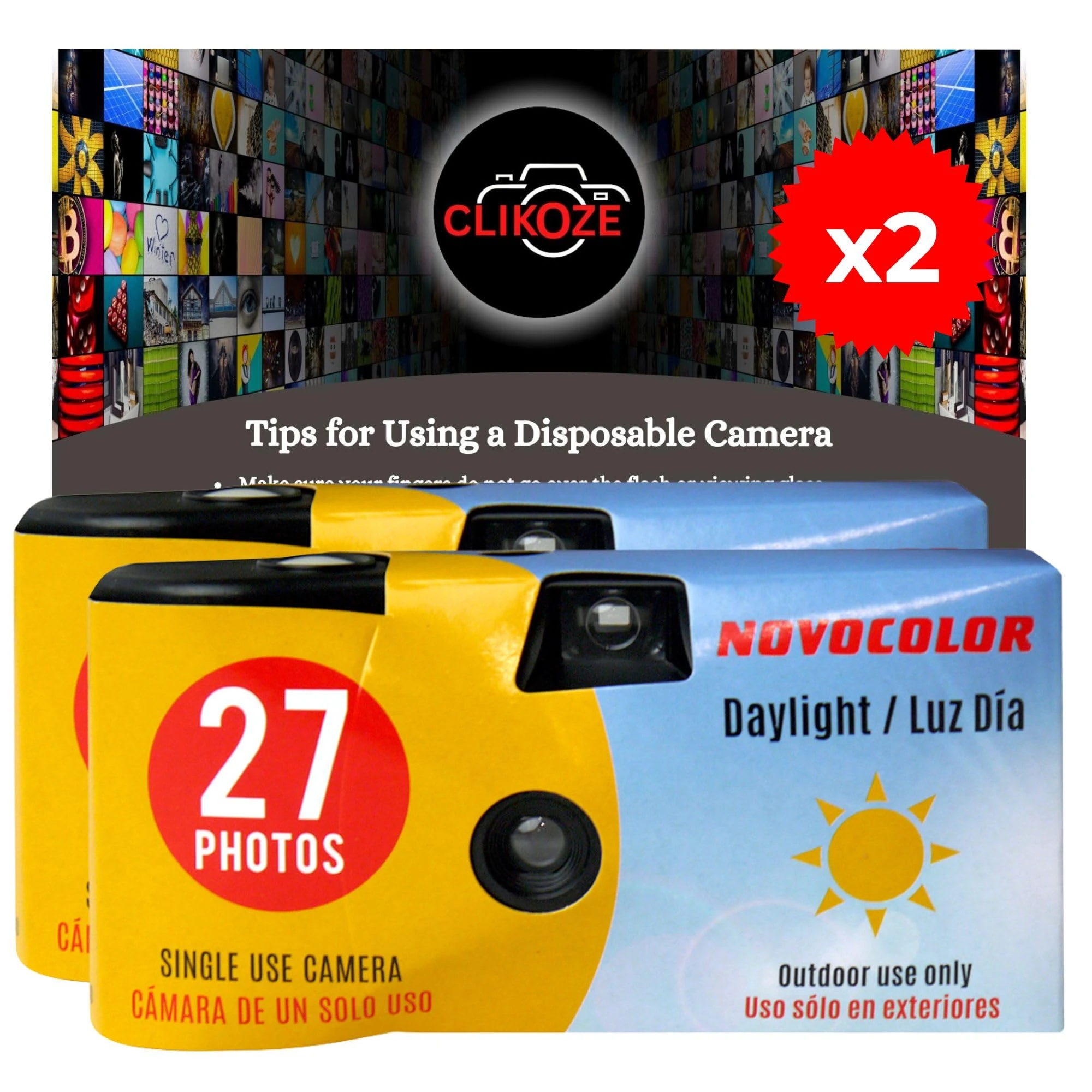 Disposable Camera Bundle with Novocolor Daylight Single Use Cameras 27 Exposures and Clikoze Photography Tips Card (2 Cameras)