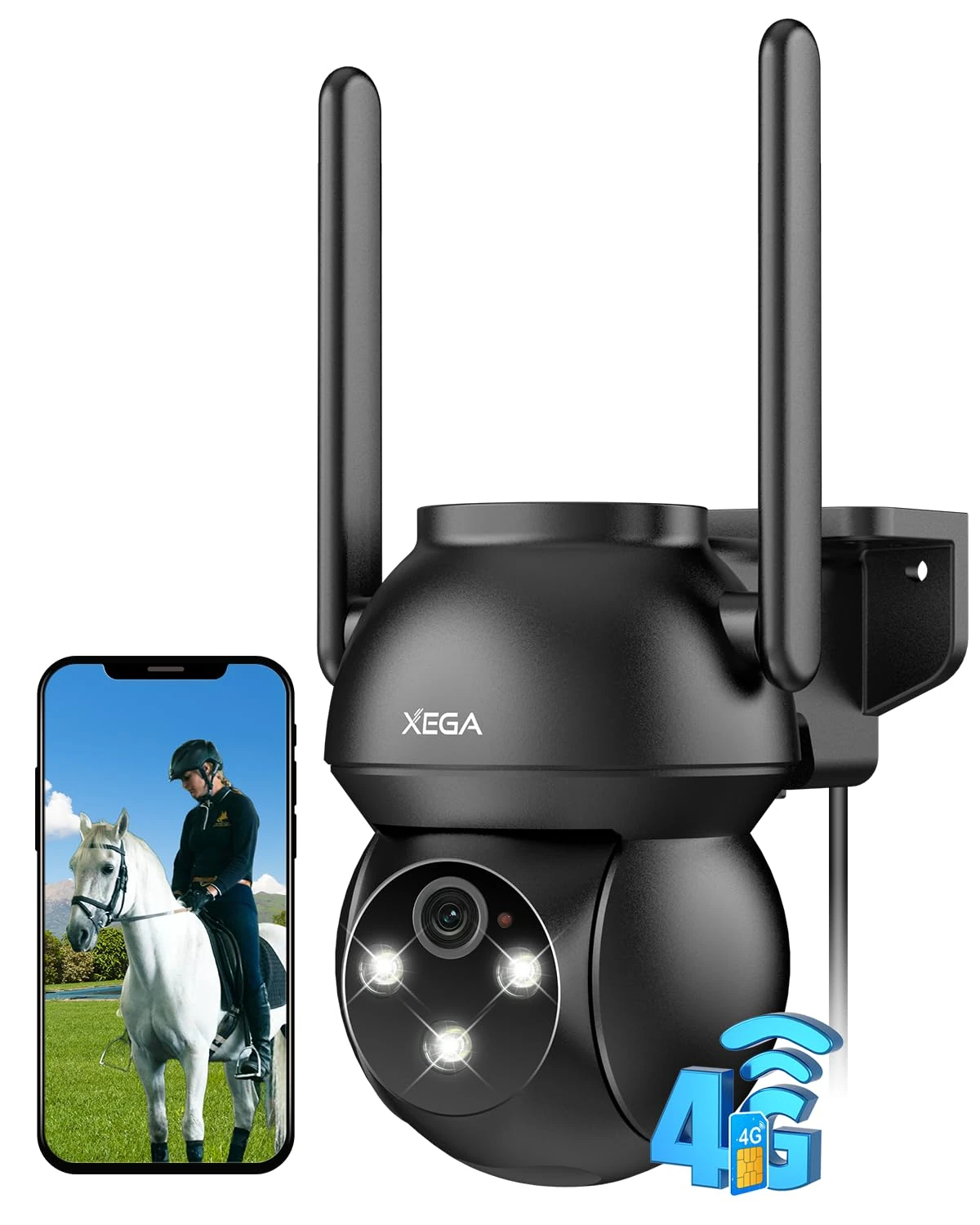 Xega 4G LTE Cellular Security Camera Outdoor,Plug-inNo WiFi Security Camera Non-stop Recording, IP PTZ Auto-Tracking Human Detection Spotlight Siren, 2K HD Color Night Vision, TF/Cloud Storage IP66