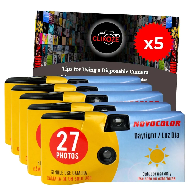 Disposable Camera Bundle with Novocolor Daylight Single Use Camera 27 Exposures and Clikoze Photography Tips Card (5 cameras)