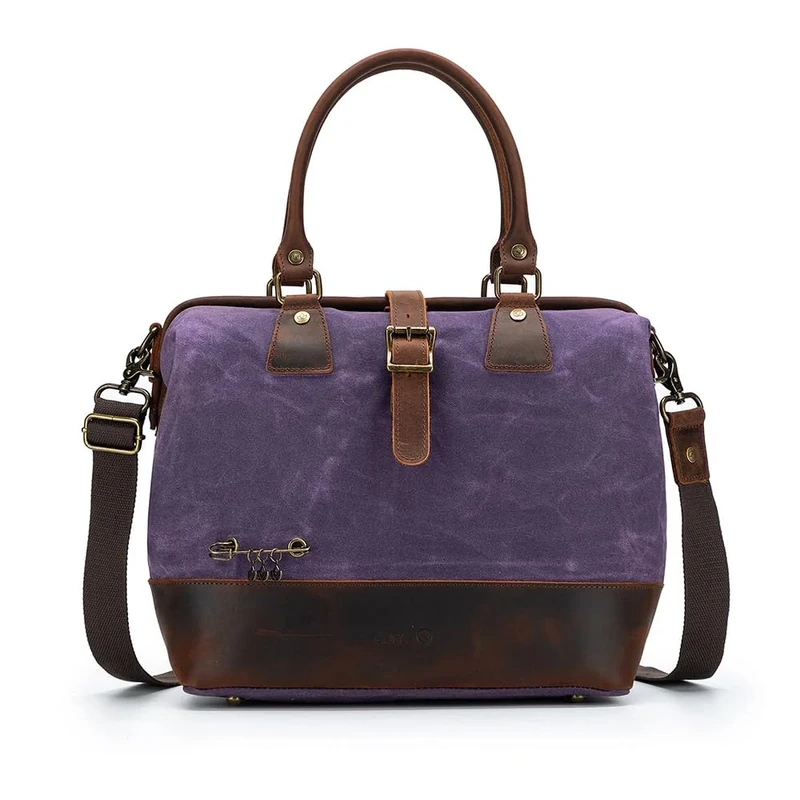 Della Q Makers Satchel Canvas Handmade Bag for Knitting or Crocheting Projects, Leather, Purple, 34cm x 30cm x 18cm