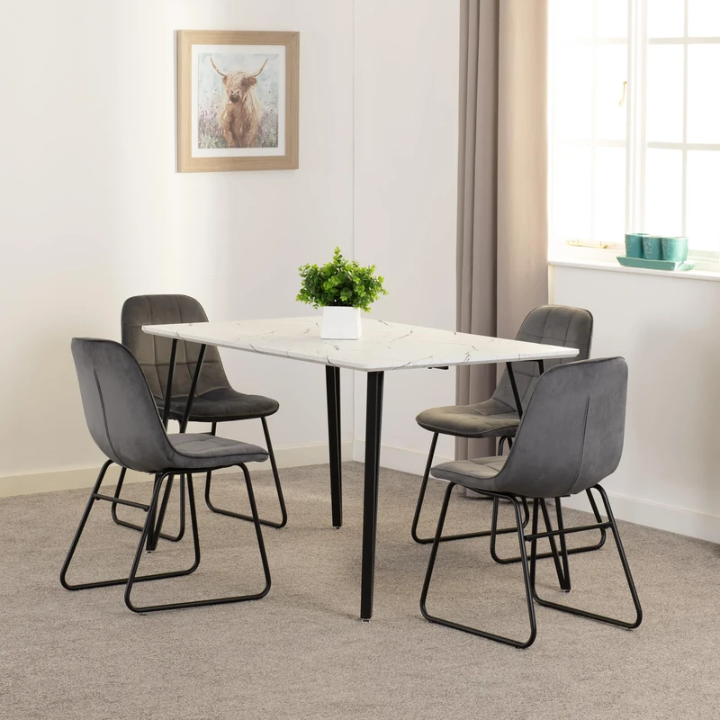 Seconique Marlow Dining Set with Lukas Chairs in White Marble Effect/Black/Grey Velvet