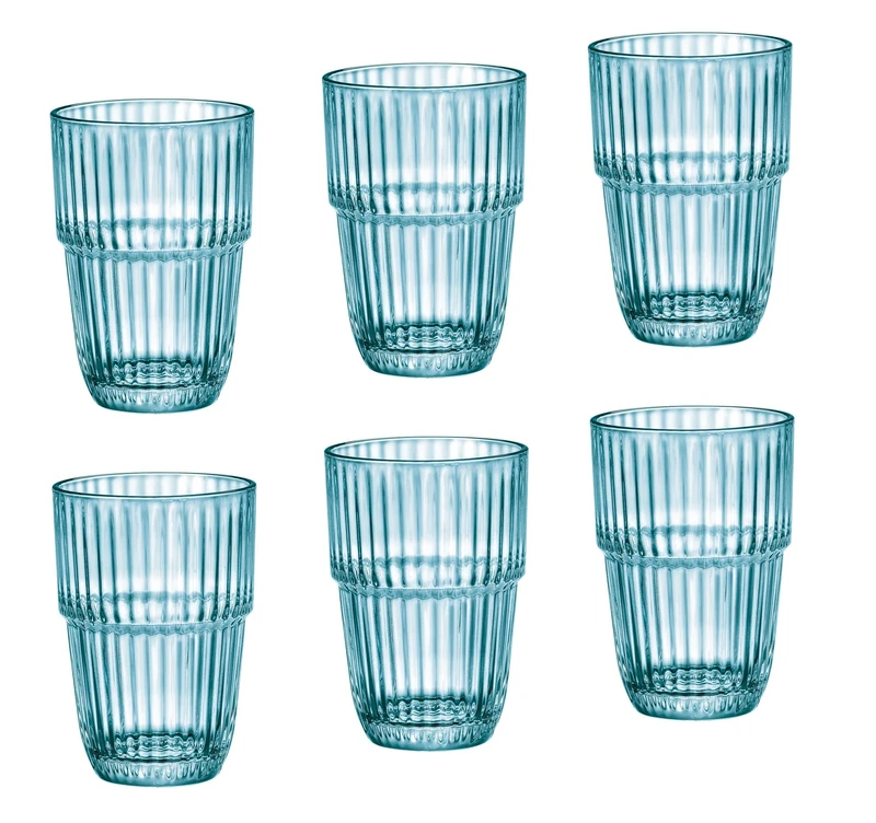 Bormioli Rocco Barshine 12.8 oz. Long Drink Stackable Tempered Drinking Glasses, Set of 6, Ice Blue