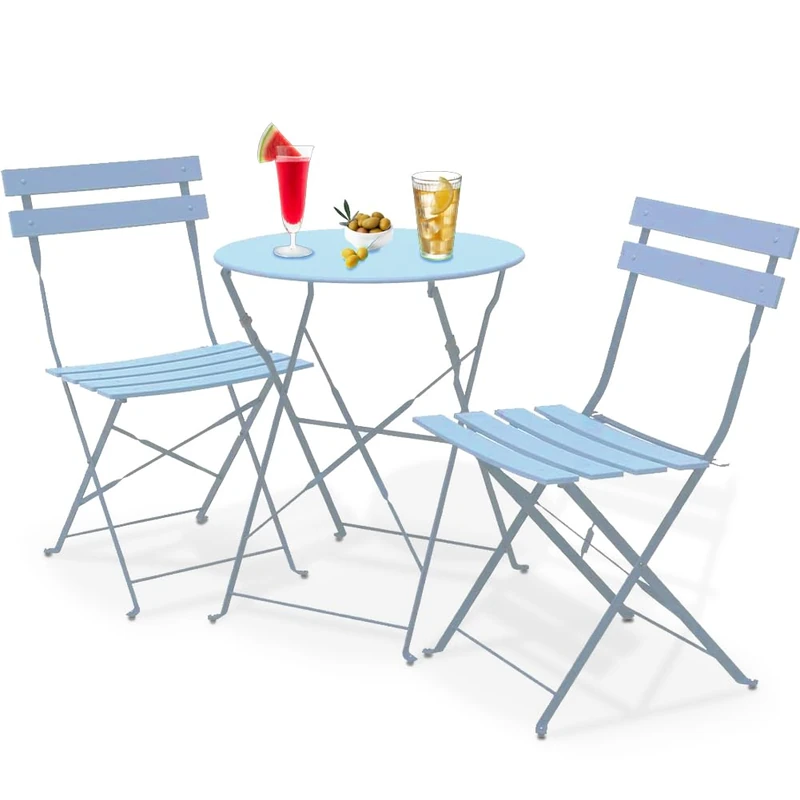 Shally Dogan 3 Piece Folding Garden Set Paris Model Table with 2 Steel Chairs, Space-Saving Furniture for Bistro, Balcony, Patio, Patio, Outdoor, Double Bar (Light Blue)
