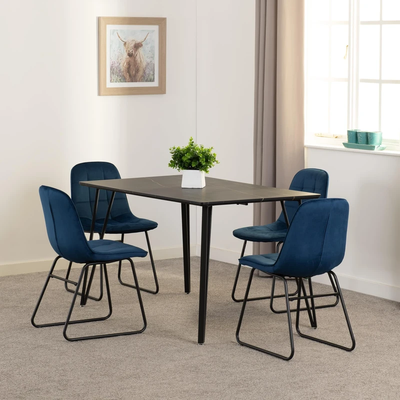 Seconique Marlow Dining Set with Lukas Chairs in Black Marble Effect/Black/Sapphire Blue Velvet