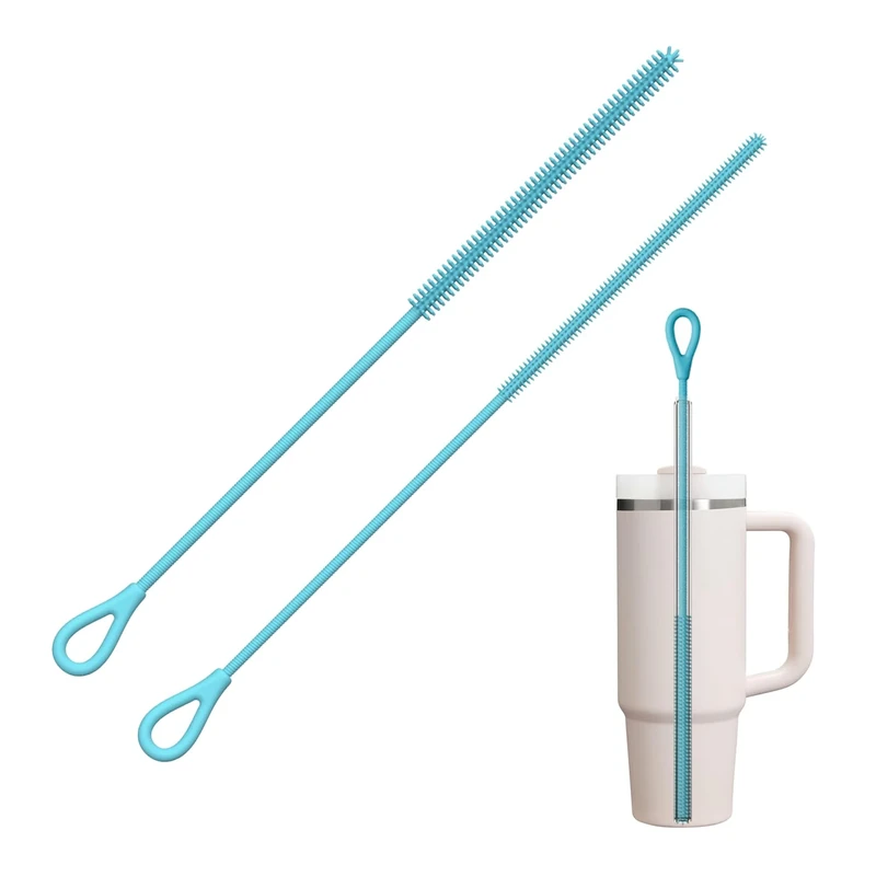 Silicone Straw Cleaner Brush, 2Pcs Reusable Straw Brush for Straws, Non-slip Handle Soft and Bendable, 6mm+9mm, Blue