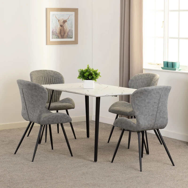 Seconique Marlow Dining Set with Quebec Chairs in White Marble Effect/Black/Grey Faux Leather
