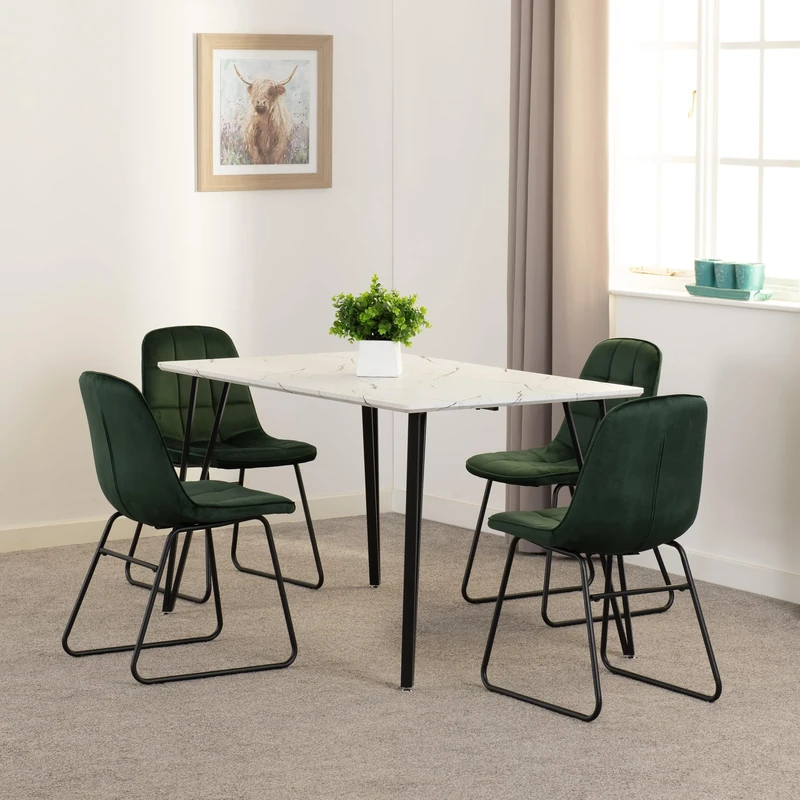 Seconique Marlow Dining Set with Lukas Chairs in White Marble Effect/Black/Emerald Green Velvet