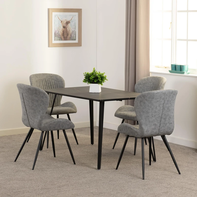 Seconique Marlow Dining Set with Quebec Chairs in Black Marble Effect/Black/Grey Faux Leather