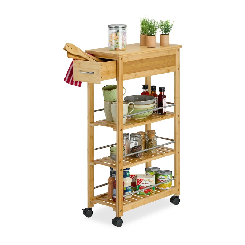 Relaxdays Kitchen Cart, Bamboo, Drawer, 3 Shelves, Pantry Storage, HWD: 86.5 x 25 x 50.5 cm, Rolling Trolley, Natural, Plastic, Stainless Steel
