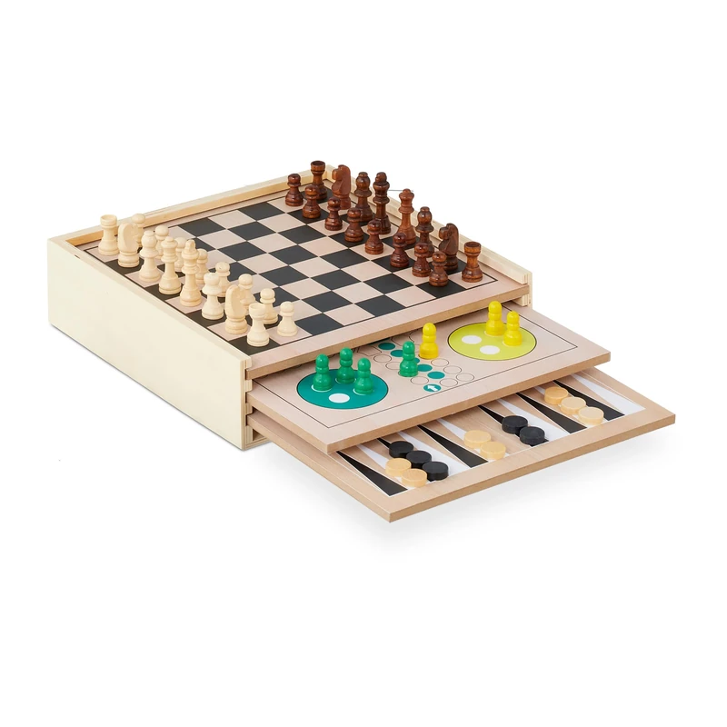 Relaxdays wooden game collection, 7 classic board games, chess, ludo, backgammon, family games, colourful