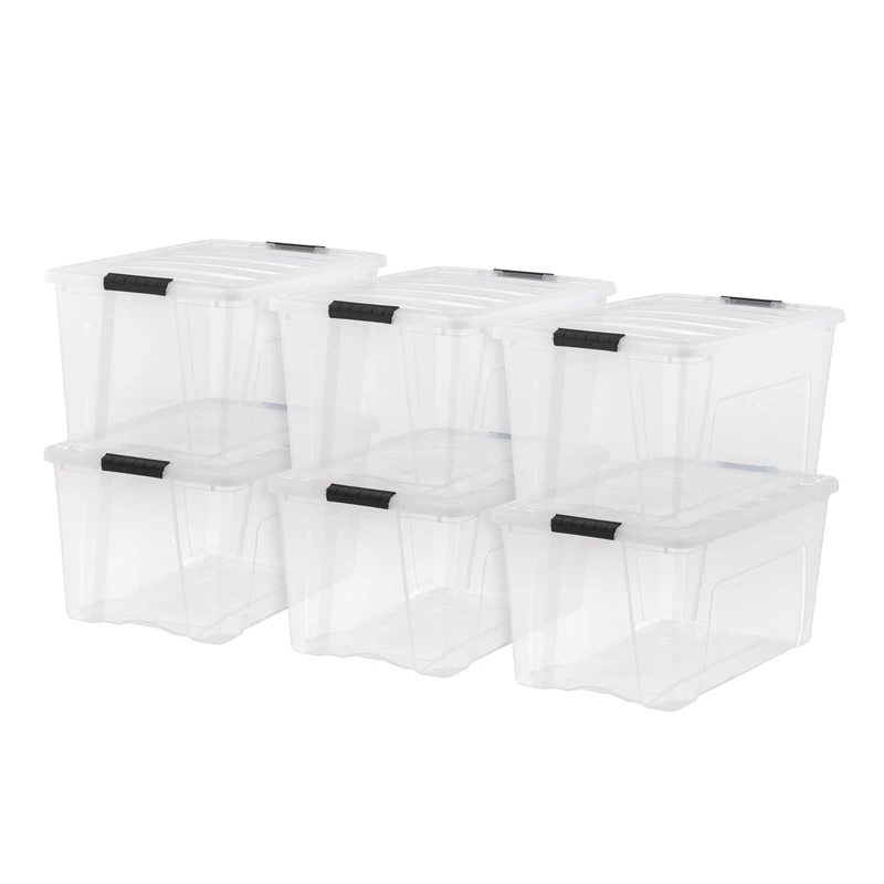 IRIS USA 72 Qt Stackable Plastic Storage Bins with Lids, 6 Pack - BPA-Free, Made in USA - See-Through Organizing Solution, Latches, Durable Nestable Containers, Secure Pull Handle - Clear