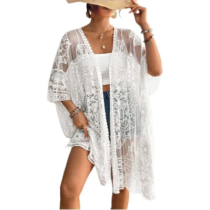 Women's Lace Bikini Cover-Up 3Swimsuit /4 Sleeves Open Front Sheer Mesh Crochet Kimono Cardigan (White, One Size)