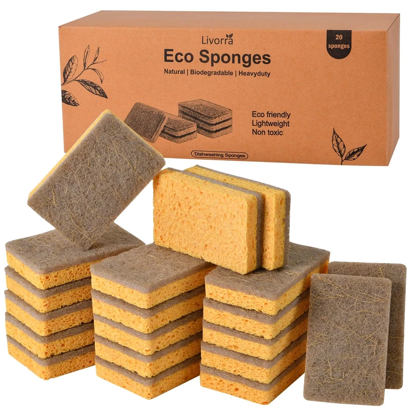 Livorra 20 Pack Eco Sponge Washing up - Kitchen Dish Sponges with Natural Cellulose Sponges, Biodegradable Reusable Washing Up Sponge