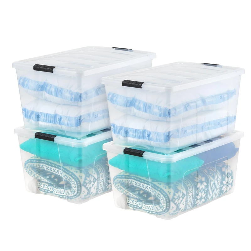 IRIS USA 94 Qt Stackable Plastic Storage Bins with Lids, 4 Pack - BPA-Free, Made in USA - See-Through Organizing Solution, Latches, Durable Nestable Containers, Secure Pull Handle - Clear