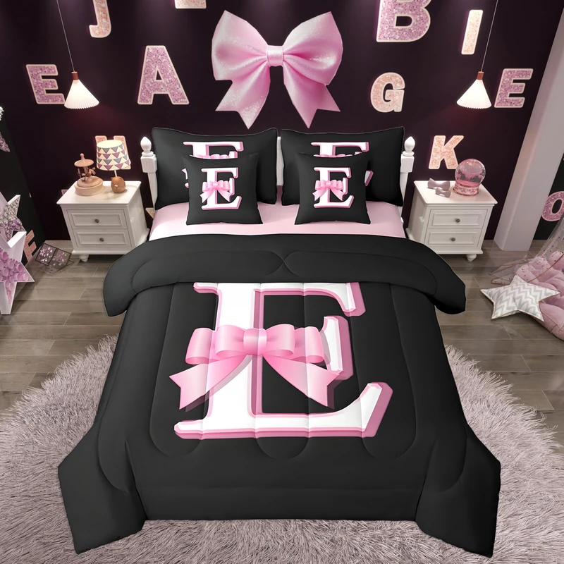 jejeloiu Kids Girls Black Pink Bow Comforter Set with Sheets Twin Size Monogrammed 7 Piece Bedding Set Personalized Initial E Bed in a Bag with Comforter,Sheets,Pillowcases Modern Fashion Bed Set