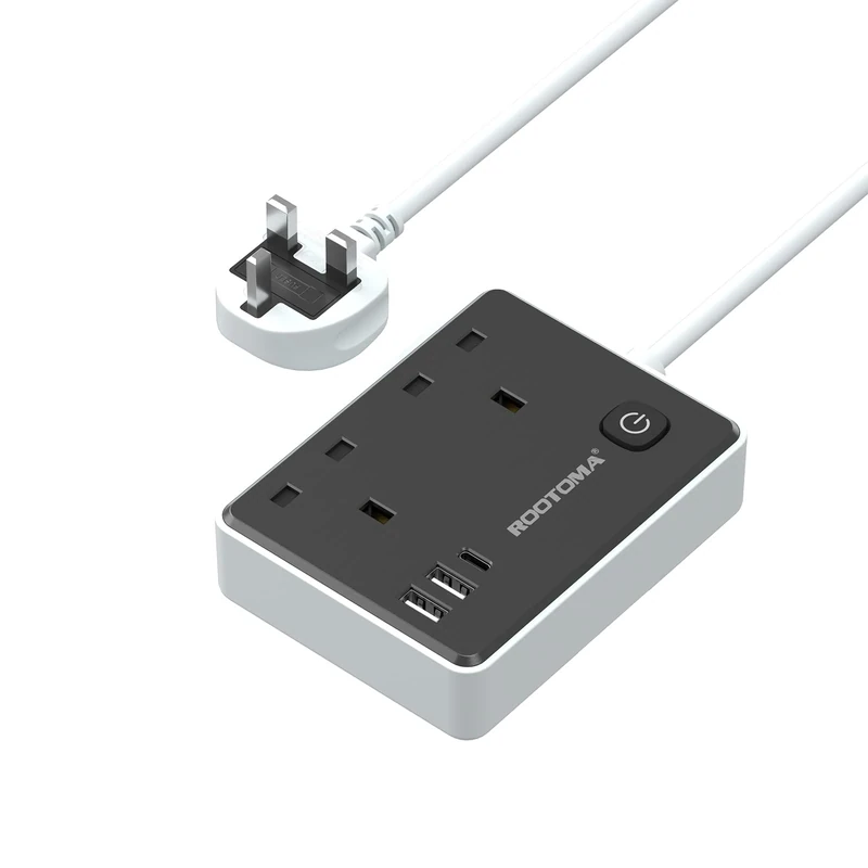 Black Extension Lead 1M with 3 USB Slots (1 USB C), 2 Gang Short Extension Lead with Switch, Small Power Strip for Travel Home Bedroom Kitchen Office, Surge Protected, Black