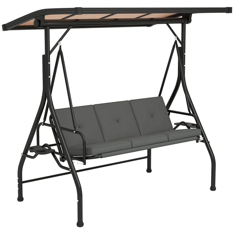 Outsunny 3 Seater Garden Swing Seat Bed with UPF30+ Adjustable Canopy, Convertible Swing Chair with Cushion, Outdoor Hammock Bench with Cup Trays for Balcony Patio, Dark Grey