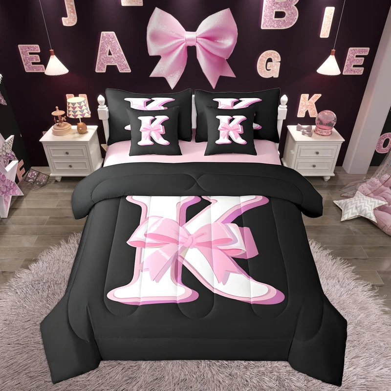 jejeloiu Kids Girls Black Pink Bow Comforter Set with Sheets Queen Size Monogrammed 7 Piece Bedding Set Personalized Initial K Bed in a Bag with Comforter,Sheets,Pillowcases Modern Fashion Bed Set