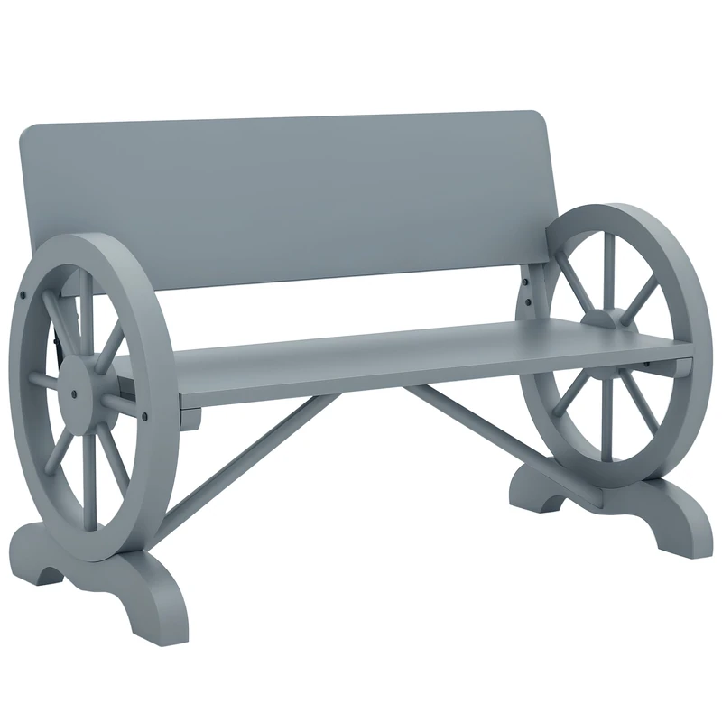 Outsunny Wooden Garden Bench, 2 Seater Outdoor Bench with Wagon Wheel Armrests and High Back, Grey